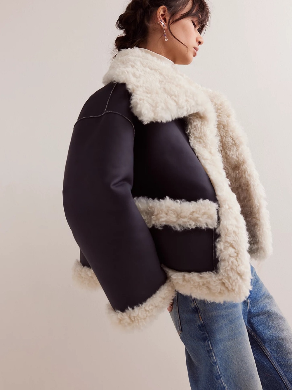Free People Black Faux-Shearling Aviator Jacket with Cream Trim